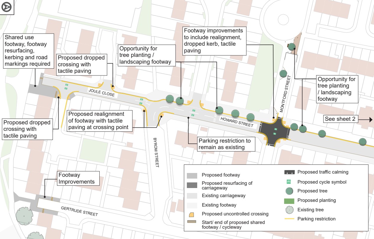 Two sheet proposals map for Howard Street and adjoining streets (Joule Close, Montford Street, Gertrude Street, Byrom Street) linking to Eccles New Road. Sheet 1 shows footway improvements including realignment, dropped kerbs, and tactile paving at several crossing points. Shared use footway sections require resurfacing, kerbing, and new road markings. Opportunities for tree planting and landscaping are identified along the footway. Existing parking restrictions remain in designated areas. A legend distinguishes proposed footway works, carriageway resurfacing, cycle symbols, shared footway and cycleway start and end points, uncontrolled crossings, planting, existing and proposed trees, parking restrictions, and traffic calming features.