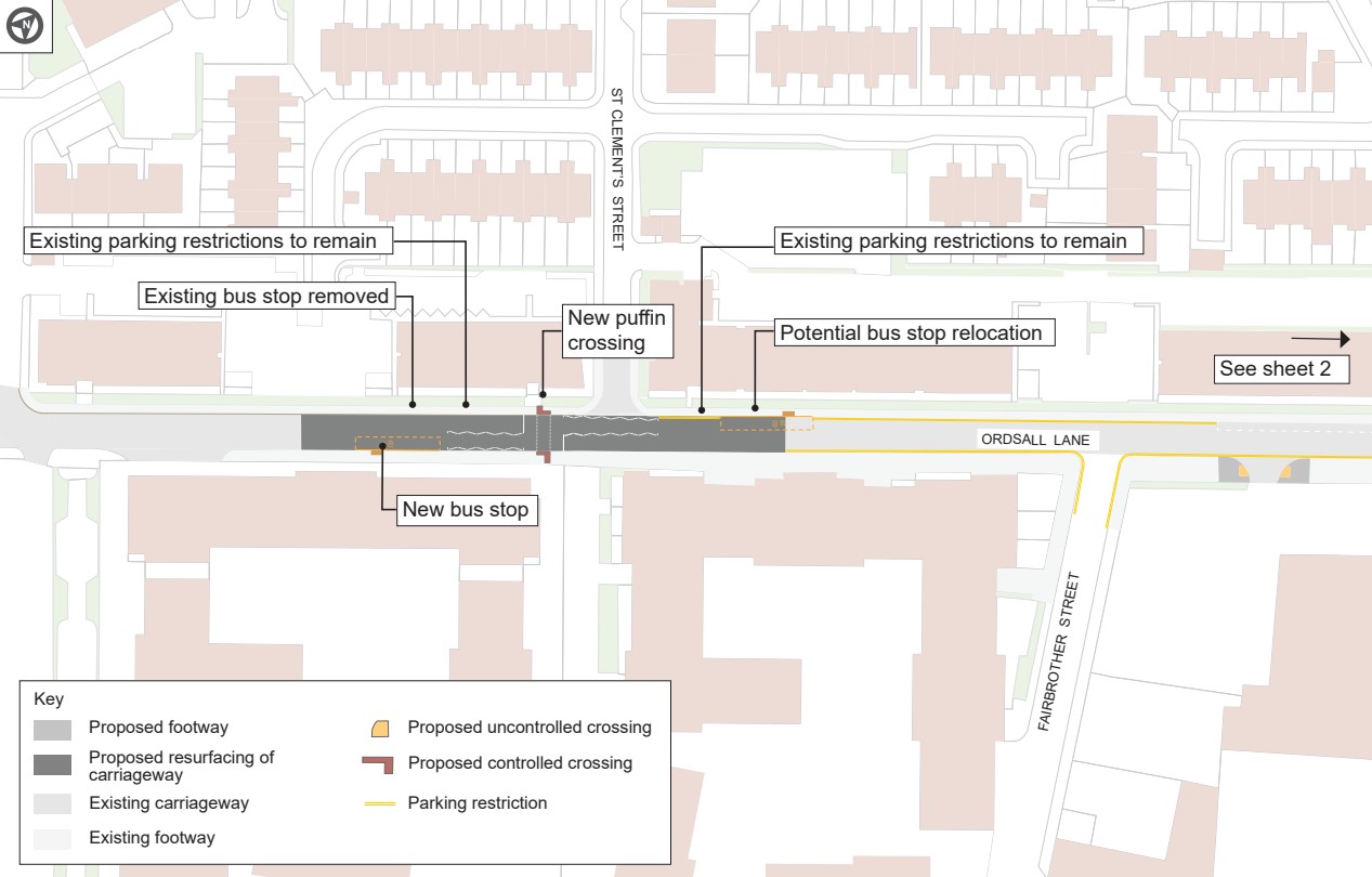 Sheet 3 includes additional puffin crossings, new bus stops, and potential bus stop relocations near St Clement’s Street. Existing parking restrictions on Ordsall Lane remain. The plan aims to improve pedestrian safety, cycling connectivity, and public transport access while managing traffic flow and parking.