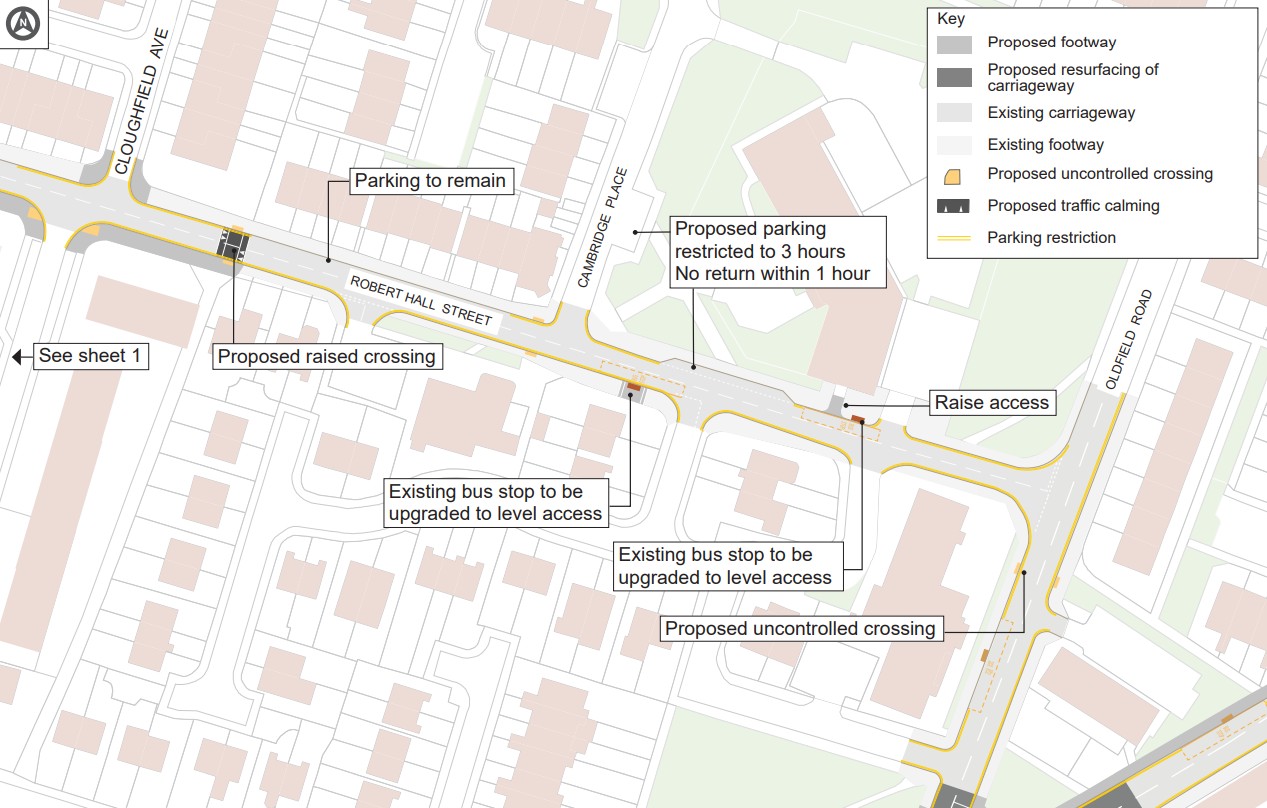 Sheet 2 continues the improvements with raised crossings, additional uncontrolled crossings, and upgrades to existing bus stops for level access. Parking restrictions are introduced: maximum stay of three hours with no return within one hour. The plan aims to improve pedestrian safety, accessibility for bus users, and manage parking demand while calming traffic along Robert Hall Street and its connecting roads.