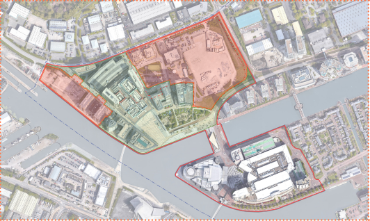 The Regeneration Framework covers an area of 23.30 ha, comprising two large  parcels referred to as MediaCity and Quayside, which are connected by The  Quays road.
