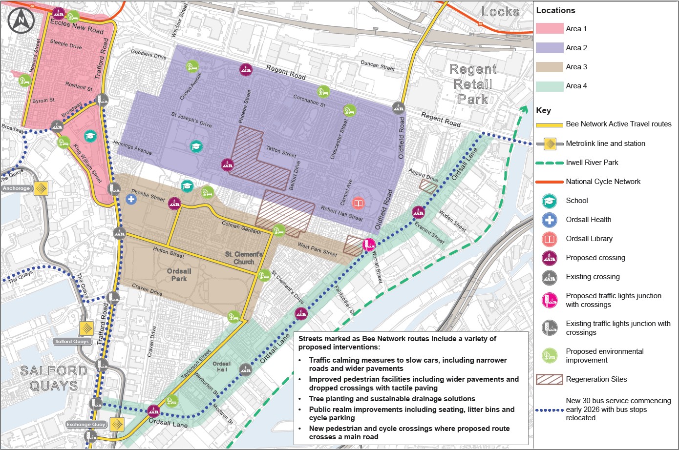 A detailed map showing proposed active travel routes and interventions in the Ordsall area near Salford Quays and Regent Retail Park. The map is divided into three color-coded areas: Area 1 (purple), Area 2 (pink), and Area 3 (beige). Key features include Bee Network Active Travel routes marked with yellow dashed lines, the Irwell River Park in green, and the National Cycle Network in blue. Icons indicate locations of schools, Ordsall Hall, Ordsall Library, proposed and existing crossings, and proposed traffic light junctions. The legend explains interventions such as traffic calming, improved pedestrian facilities, tree planting, public realm improvements, and new pedestrian/cycle crossings. Streets with proposed improvements are highlighted, and a note mentions a new bus service starting in early 2026.