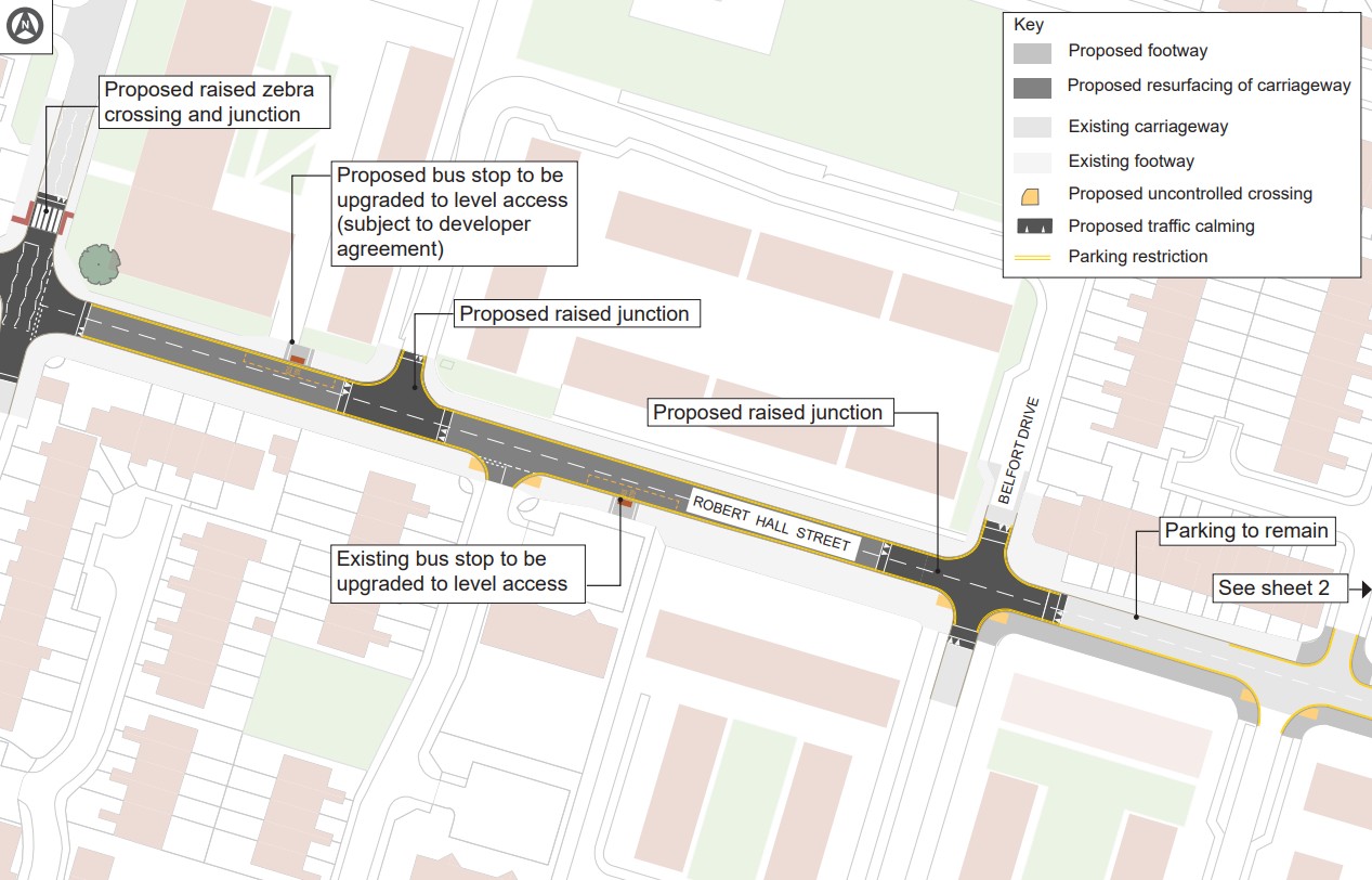 Two sheet proposals map for Robert Hall Street and adjoining streets including Belfort Drive, Cambridge Place, Cloughfield Avenue, and Oldfield Road. Sheet 1 shows raised junctions, a raised zebra crossing, and upgrades to bus stops for level access (subject to developer agreement). Parking areas remain, with restrictions noted. The legend identifies proposed footway works, resurfacing of the carriageway, existing footway and carriageway, uncontrolled crossings, traffic calming features, and parking restrictions.