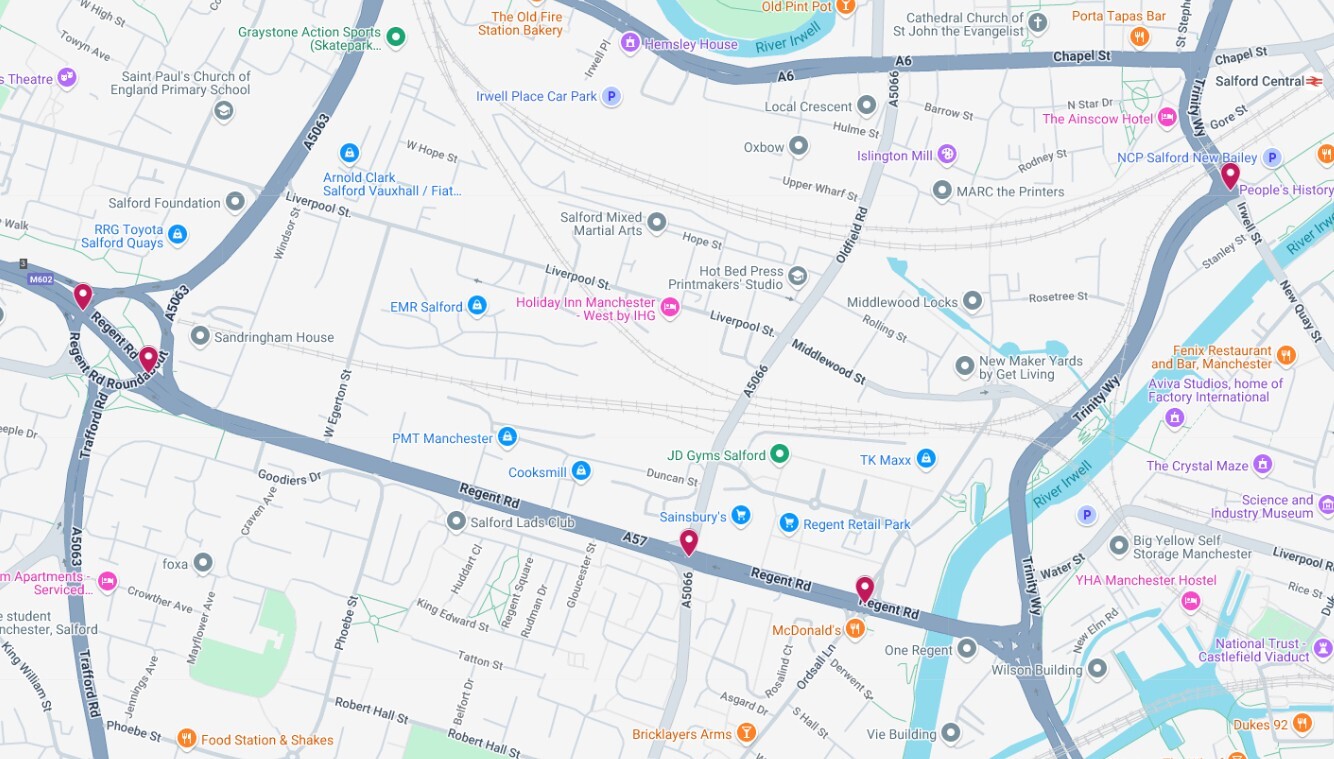 Locations along Regent Road and on Trinity Way where yellow box junction cameras are proposed