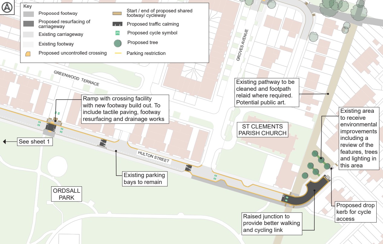 Sheet 2 adds a raised junction at the bottom of Hulton Street to improve walking and cycling links, a dropped kerb for cycle access, and environmental improvements such as reviewing trees, lighting, and potential public art. Existing pathways will be cleaned and relaid where required. The plan aims to create a safer, more attractive route for walking and cycling while maintaining parking and improving drainage.