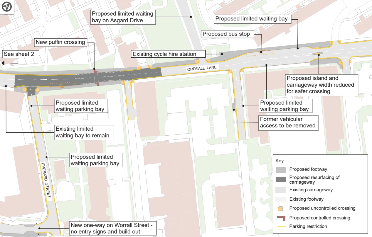 Three sheet proposals map for Ordsall Lane and connecting streets including Everard Street, Worrall Street, Oldfield Road, Fairbrother Street, and St Clement’s Street. Sheet 1 introduces limited waiting parking bays on Ordsall Lane, a new puffin crossing, and a proposed bus stop. Carriageway width is reduced with an island for safer pedestrian crossing. A new one way system on Worrall Street includes no entry signs and build outs. The legend shows proposed and existing footways, carriageway resurfacing, controlled and uncontrolled crossings, and parking restrictions.