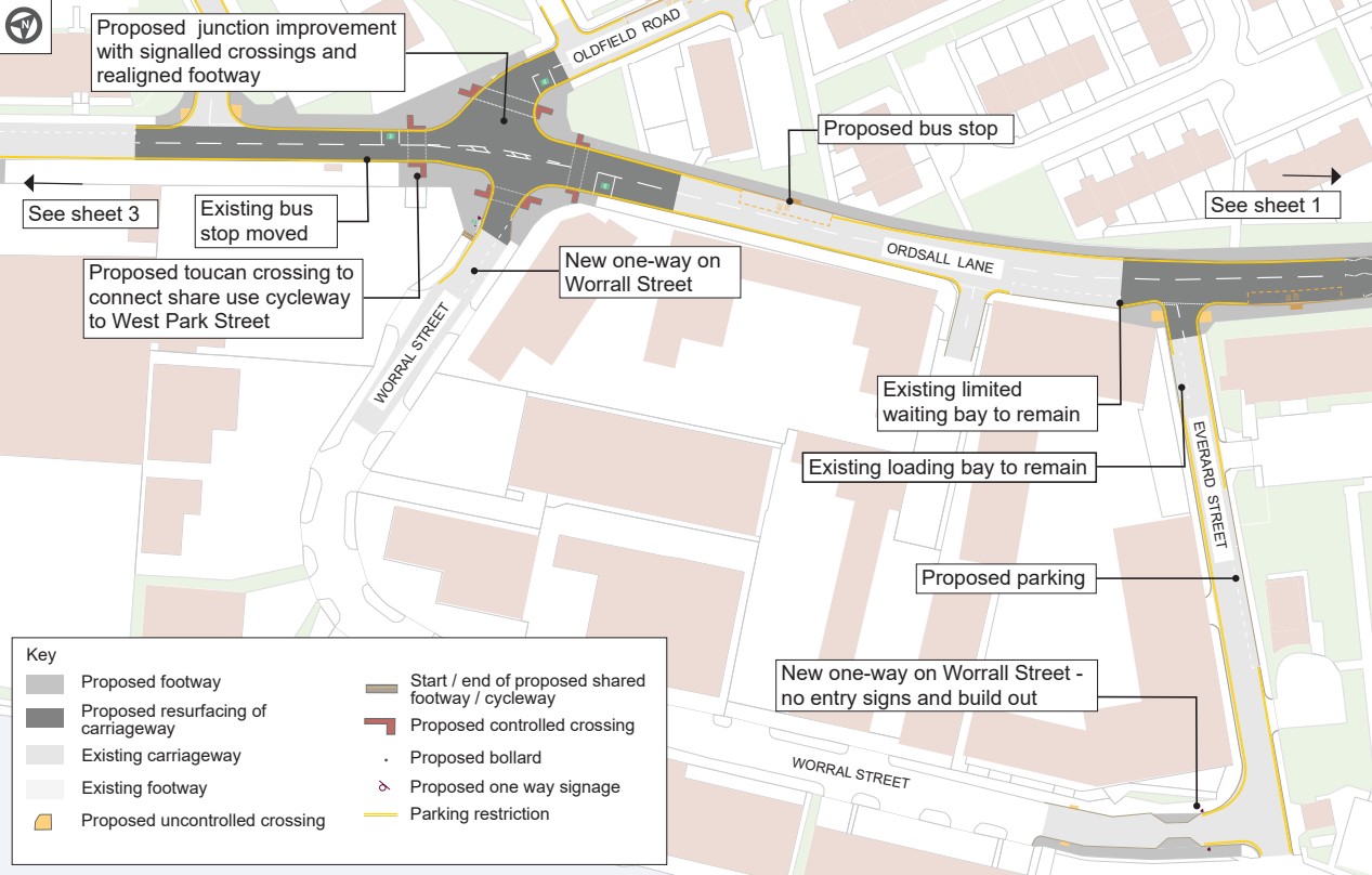Sheet 2 adds junction improvements with signalised crossings and realigned footways at the Oldfield Road/ Ordsall Lane junction connecting the shared footway and cycleway to West Park Street, and relocated bus stops. Parking bays and loading areas on Everard Street are retained or adjusted. One way restrictions on Worral Street and signage are reinforced.