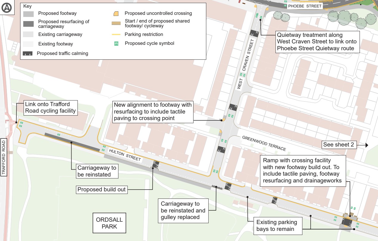 Two sheet proposals map for Hulton Street and nearby streets including West Craven Street, Phoebe Street, Greenwood Terrace, Groves Avenue, and Ordsall Park. Sheet 1 introduces Quietway treatment along West Craven Street to link to Phoebe Street, new alignment of footways with tactile paving at crossings. On Hulton Street, a ramp with crossing facility and new footway build outs are proposed to improve accessibility. Existing parking bays remain. The legend shows proposed footway works, resurfacing, cycle symbols, shared footway and cycleway start and end points, uncontrolled crossings, parking restrictions, and traffic calming features.