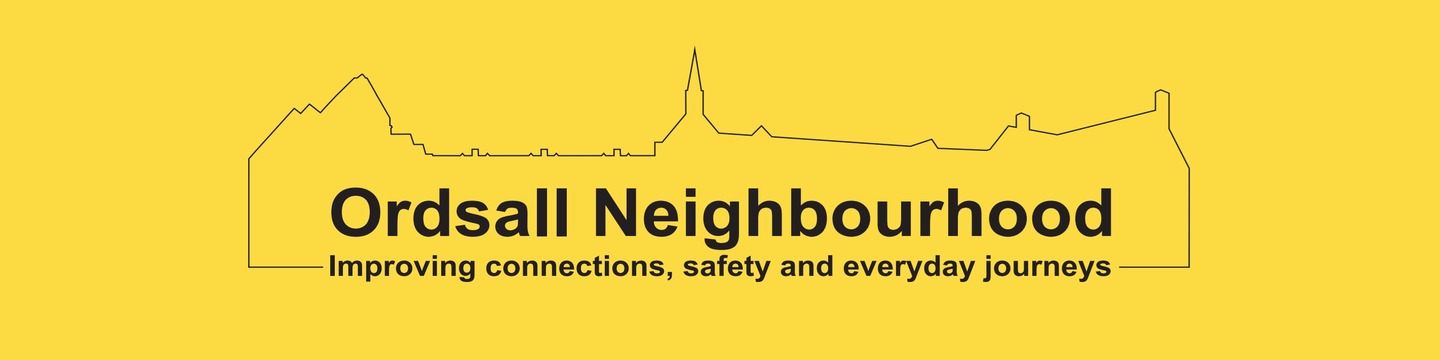 Ordsall Neighbourhood on a yellow background with an outline of cityline