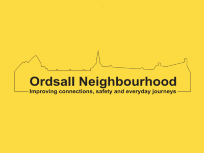 Ordsall Neighbourhood on a yellow background with an outline of city skyline
